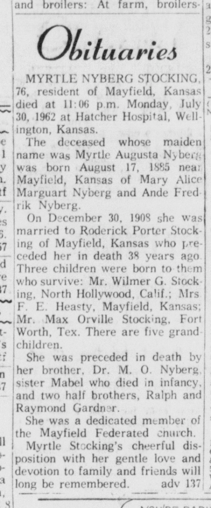 Obituary for Myrtle Augusta Nyberg Stocking